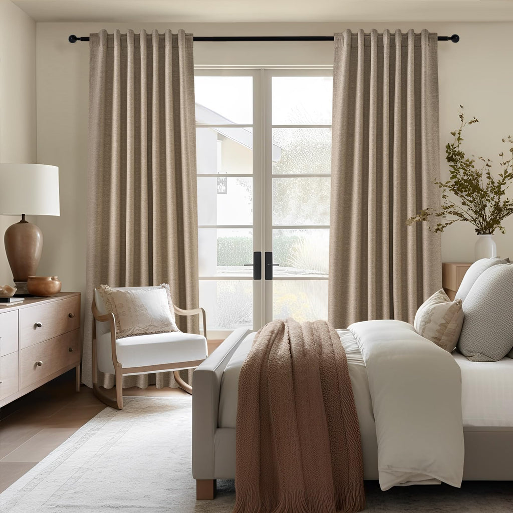 Taupe Burlap Linen Blackout Curtains 63 Inches Long 2 Panels for Small Window Boho Farmhouse Linen Blend Texture