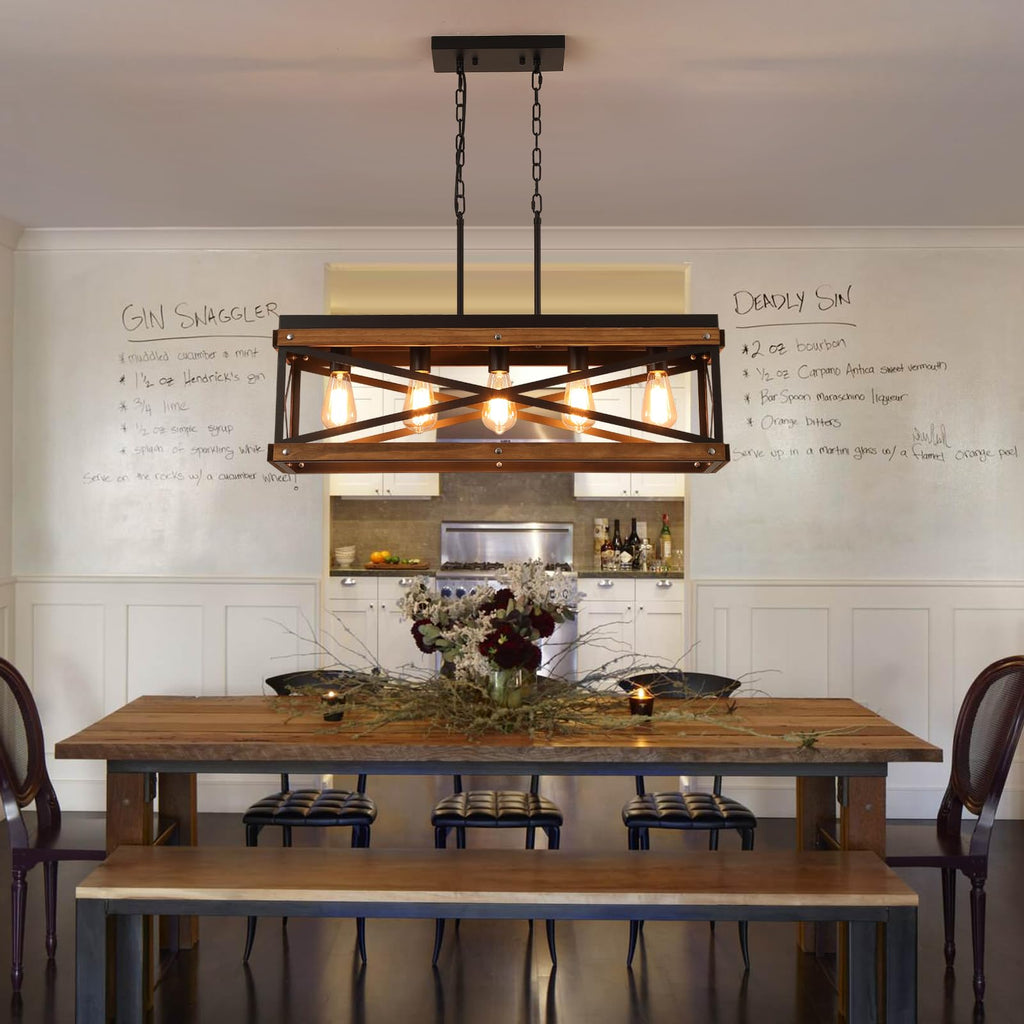 Rustic Farmhouse Wood Kitchen Island Lighting, 5 Lights Rectangular Pendant Light Fixture, Adjustable Chain Oak Wood