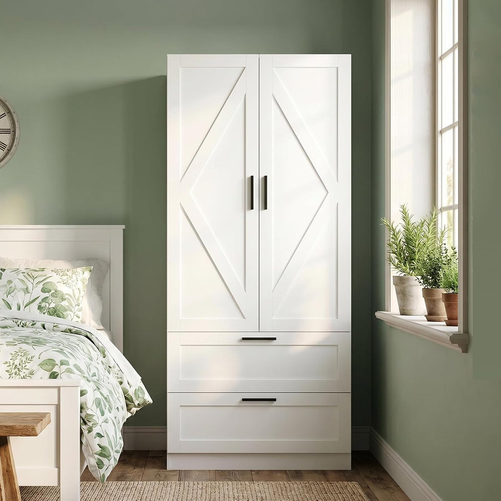 70.9" Tall Armoire Wardrobe Closet with 2 Drawers, 2 Doors & Hanging Rod, 31.5" W Farmhouse Wooden Wardrobe Clothes