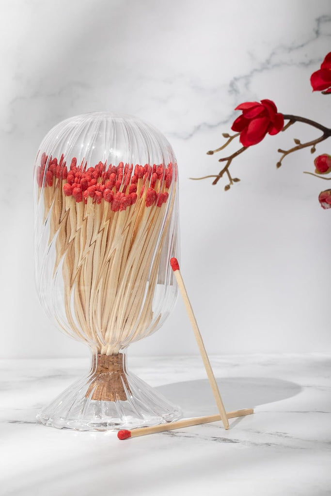 Premium Helix Glass Cloche - Decorative Jar with Striker. Holder for Long Matches for Candles, Fireplace, Bathroom