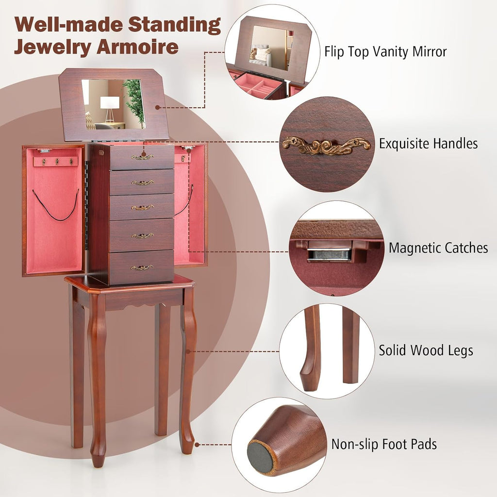 Wooden Jewelry Cabinet Armoire, 5-Tier Standing Jewelry Chest with Top Flip Makeup Mirror 4 Drawers 6 Necklace Hooks