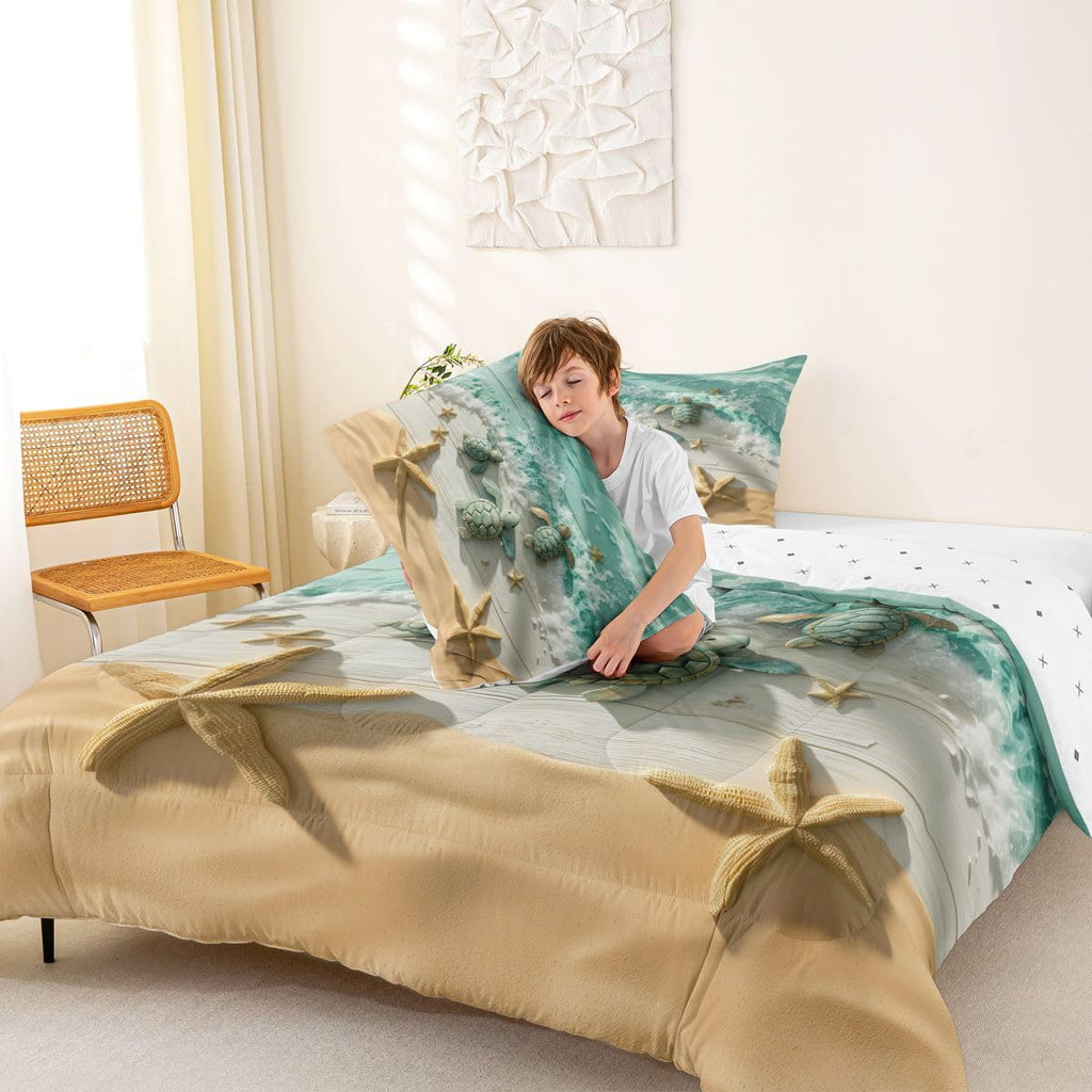 Seaside Beach Bedding Set, Sea Turtle Starfish Comforter Set with 2 Pillowcases, Coastal Ocean Sea Wave Bed
