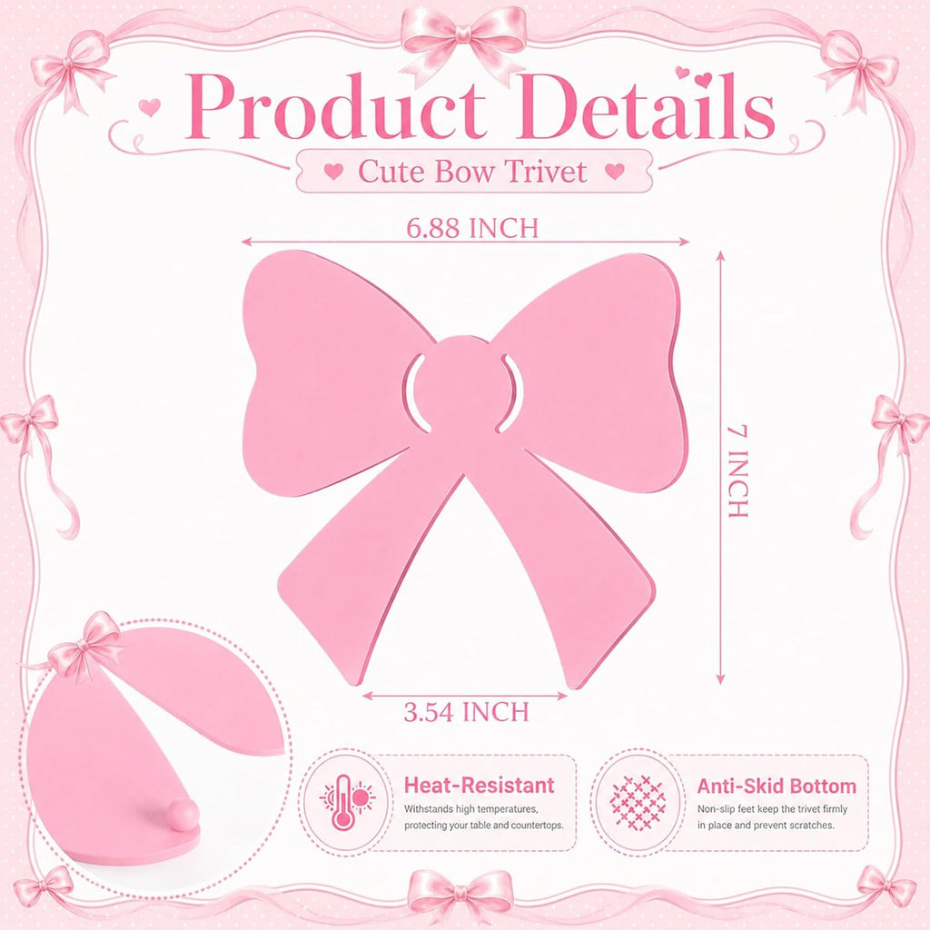 Pink Bow Cast Iron Trivets for Hot Dishes, Heat Resistant Kitchen Trivet Set for Countertop Protection - Set of 2
