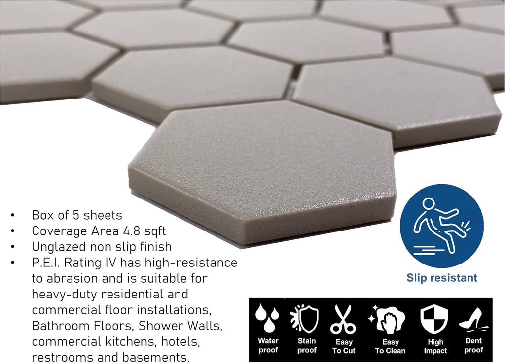 TDPW-UNGH2-409 Trout Gray Porcelain 2 Inch Hexagon Unglazed Finish Mosaic Tile Floors, Walls, Kitchen Backsplash and