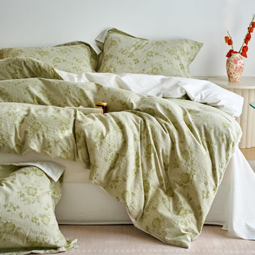 Sage Green Floral Duvet Cover Twin XL Textured Design, Premium Muslin Cotton Coquette Floral Comforter Cover Set for