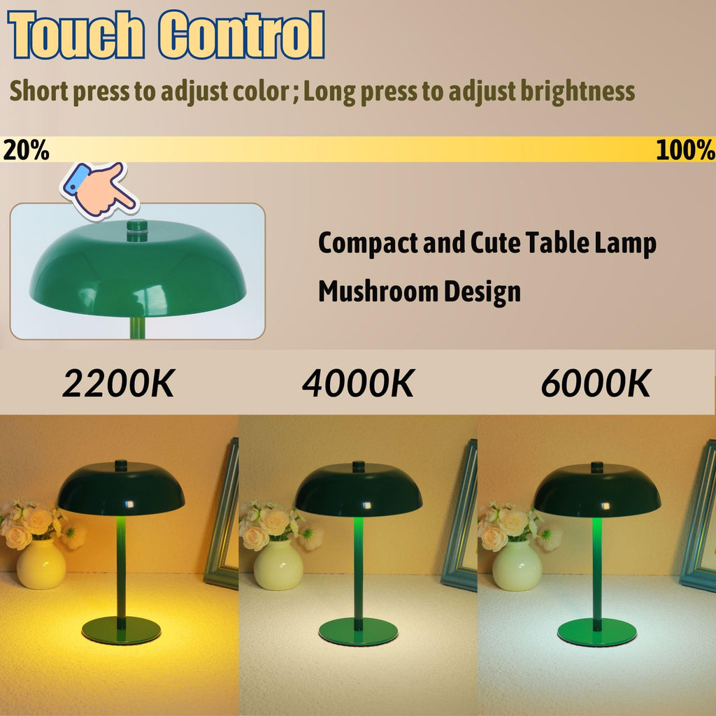 Cordless LED Mushroom Table Lamp, 5200mAh Battery, Dimmable 3 Color, Green