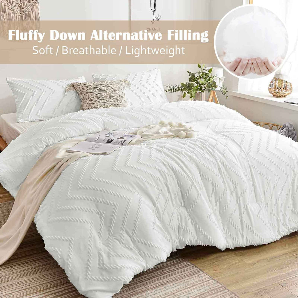 King Comforter Set White Tufted Jacquard Boho Soft Shabby Chic Reversible Down Alternative Microfiber Bedding - All
