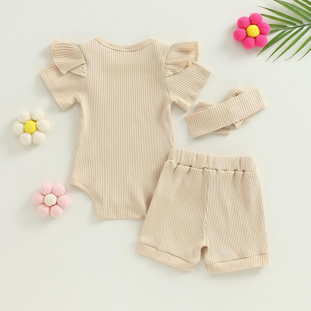 Baby Girls 3 Piece Ribbed Romper Sets Summer Toddler Ruffled Short Sleeve Onesie Elastic Waist Shorts and Bow Headband