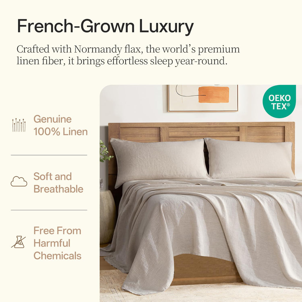 100% Linen Sheets, 170GSM French Flax Pure Linen Sheets Set