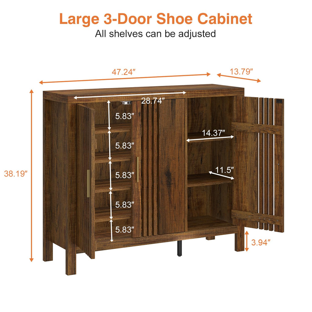 Wooden Shoes Cabinet with 3 Doors and Adjustable Shelves, Retro Freestanding Shoe Organizer Cabinet Hallway Living