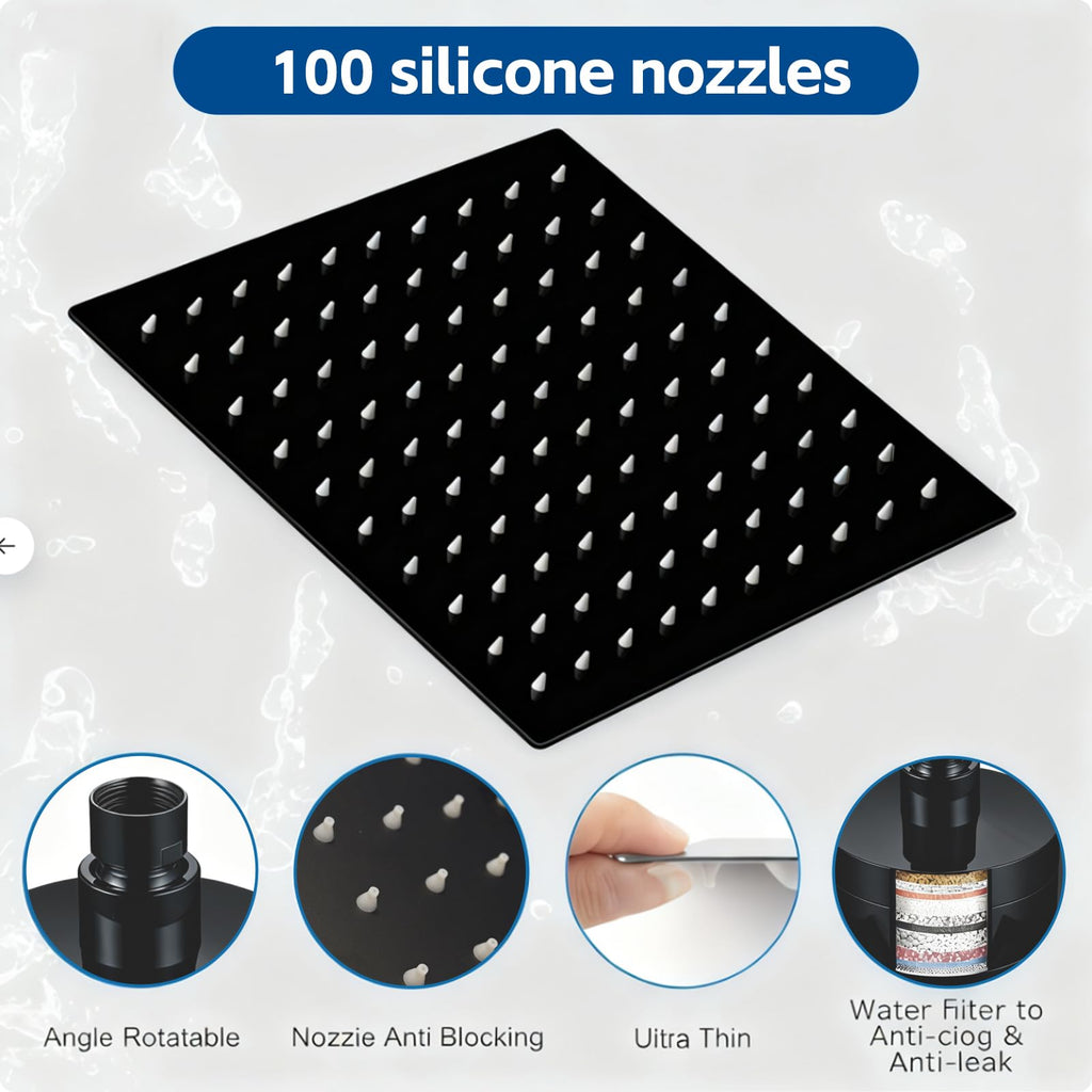 Rain Shower Head with Filter for Hard Water Square 10 Inch Matte Black