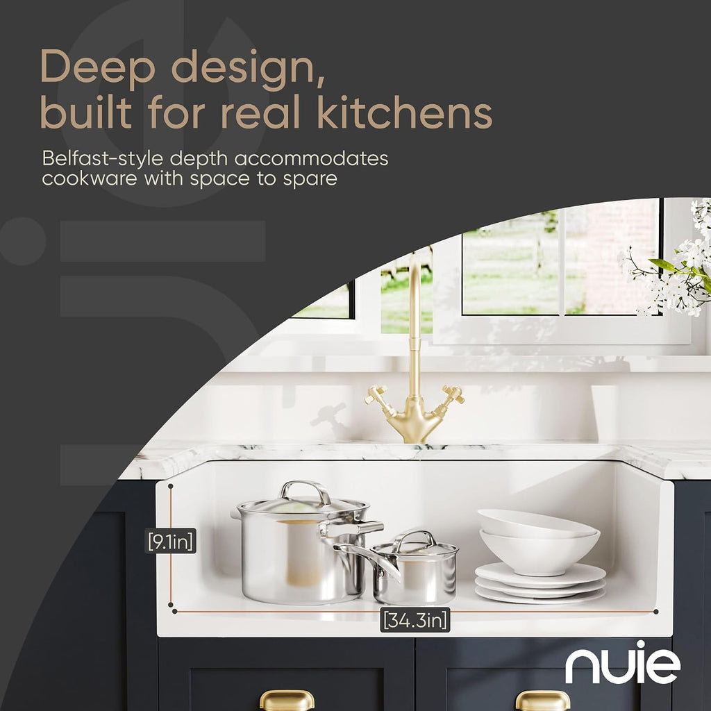 White Kitchen Sink 36 inch Single Bowl Apron Front Farmhouse Sink with Central Drain Position, Fireclay Ceramic