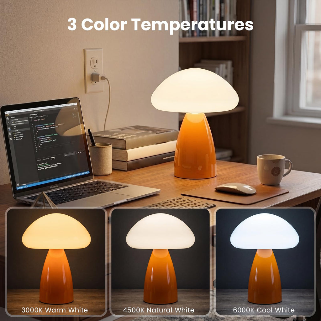 Mushroom Lamp, 3 Color Modes Stepless Dimmable Table Lamp, Retro Bedside Lamp, Nightstand, ABS Plastic Shade and