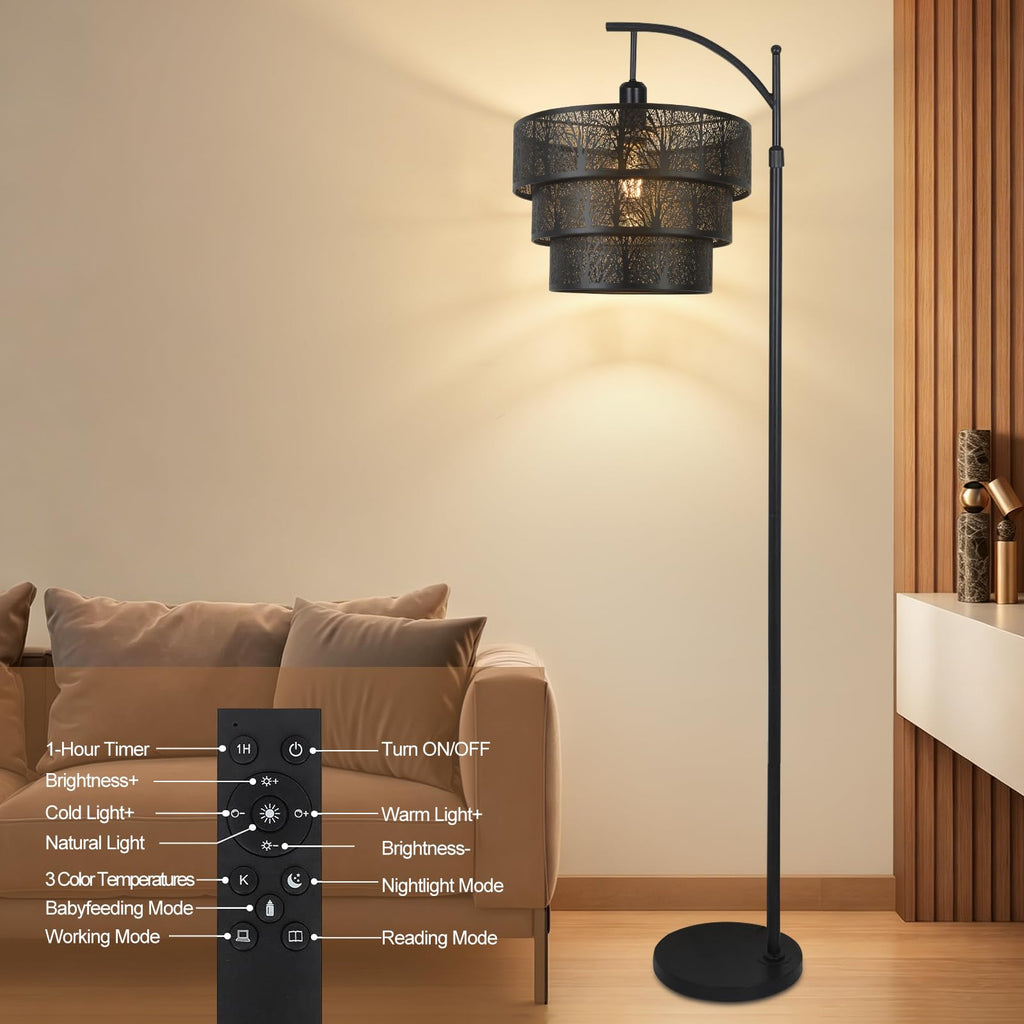 Arc Floor Lamp Bedroom, Mid-Century Modern Floor Lamps with Remote, Black Dimmable Standing Tall Lamp for Corner