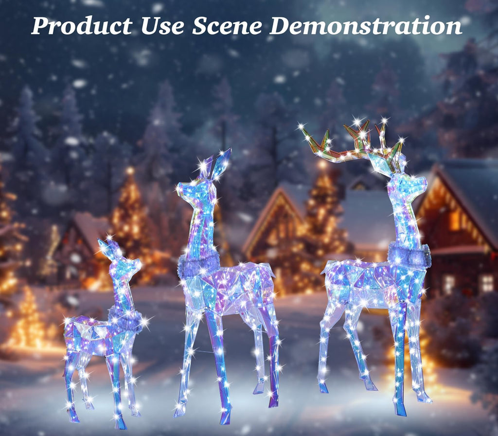 54 Inch 3D Colorful Large Lighted Christmas Deer Decorations 3-Piece Outdoor Holiday Decorations Reindeer Set