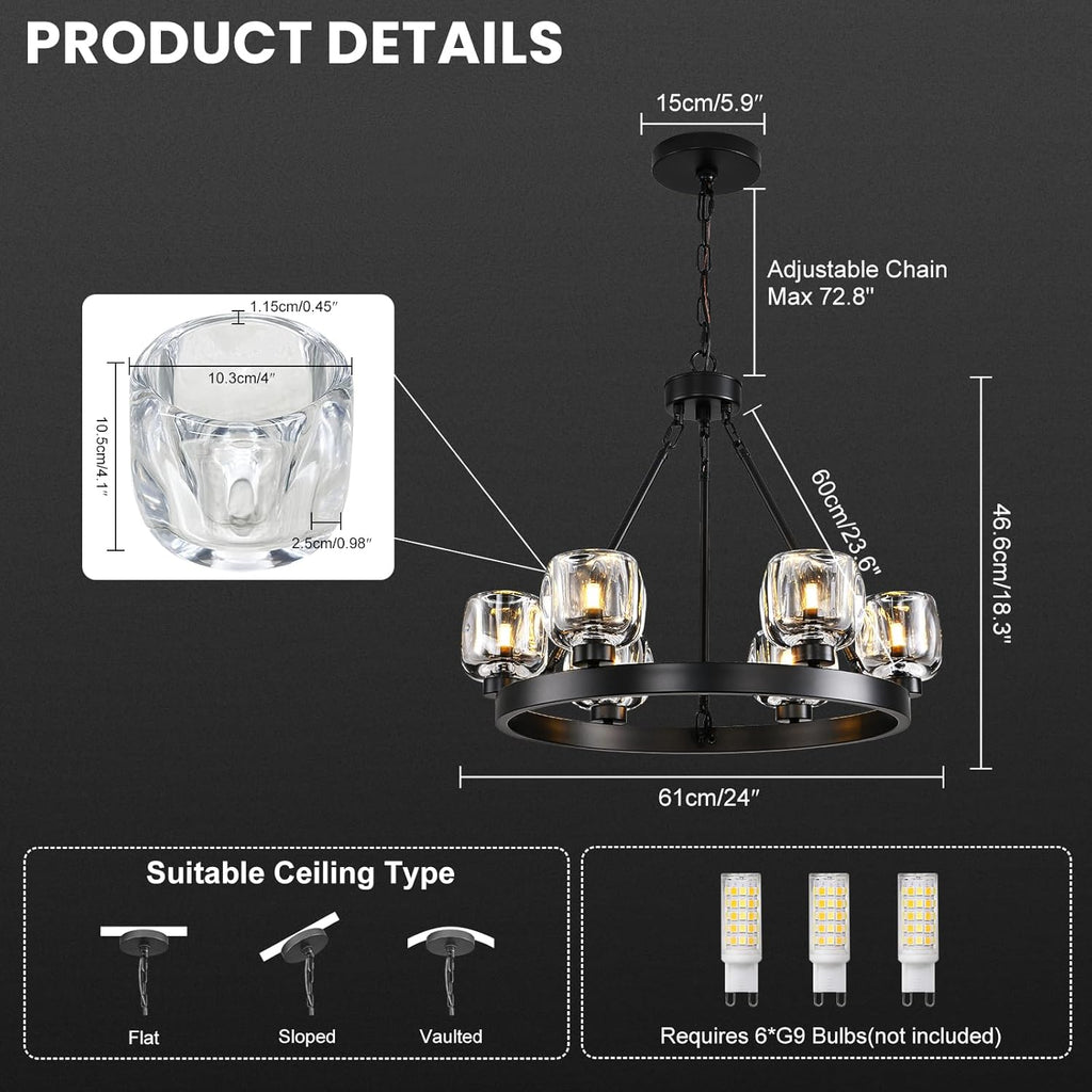 Black Wagon Wheel Chandelier, 24 Inch Black Chandeliers with Unique Glass Shade, 6-Light Crystal Farmhouse Wagon Wheel Chandeliers for Dining Room, Round Chandelier for Living Room, Foyer, Entryway A126-B0DT4D42YB