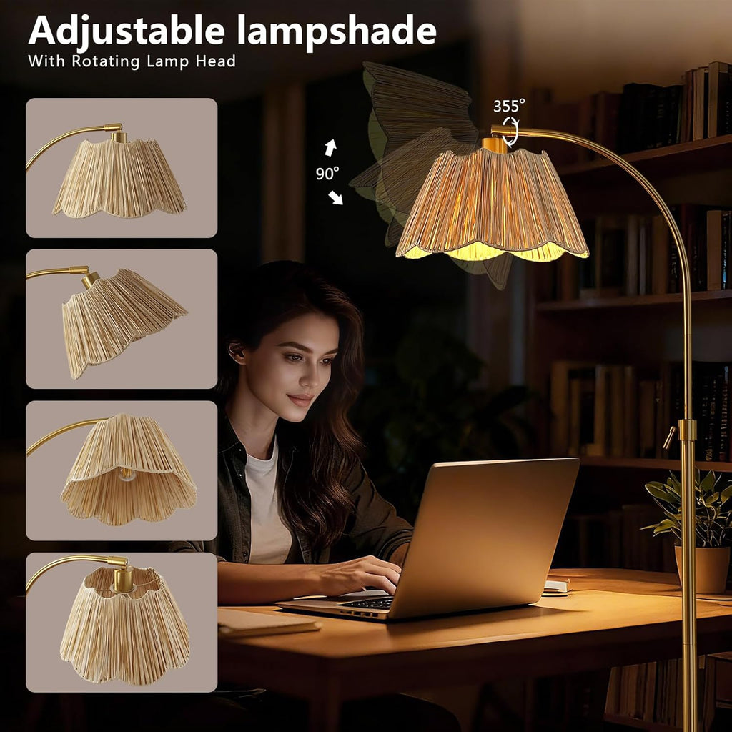 64'' Adjustable Arc Floor Lamp with Natural Rattan Woven Shade, Brushed Gold Mid-Century Modern Boho Floor Lamp