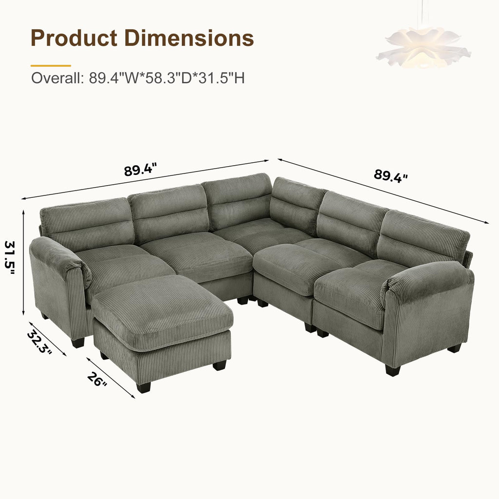 90" Modular Sectional Sofa Couch with Movable Ottoman, Oversized Corduroy U Shaped Sectional Couches with Rolled