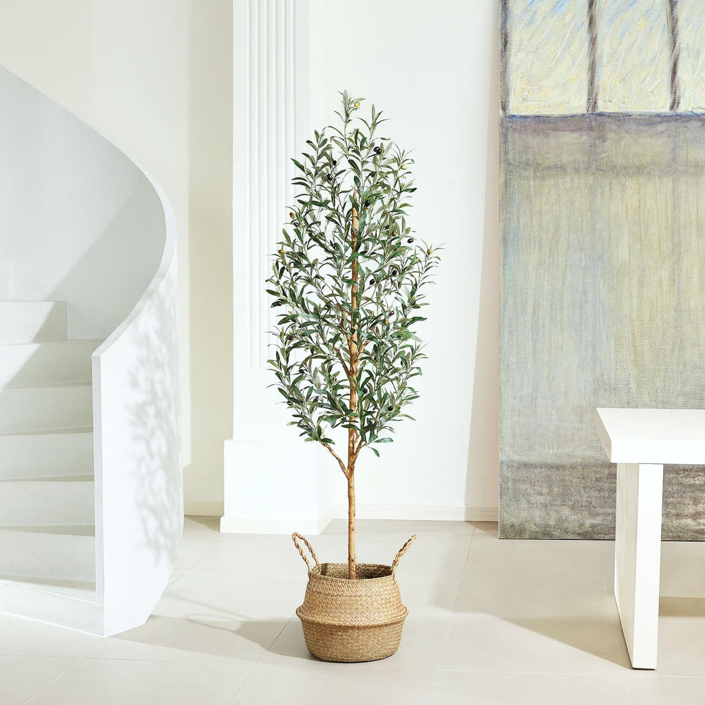 Faux Olive Tree 6FT - Tall Artificial Plants Indoor with Real Wood Trunk & Seagrass Basket, Lifelike Silk Leaves &
