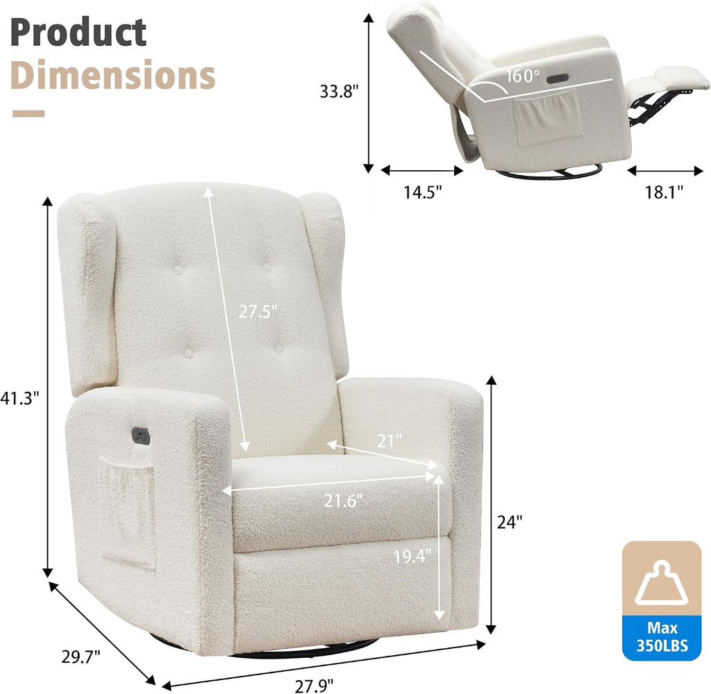 Swivel Rocker Power Recliner Chair , 270° Swivel Glider Recliner with USB & Type-C Charging, Electric Reclining Chair