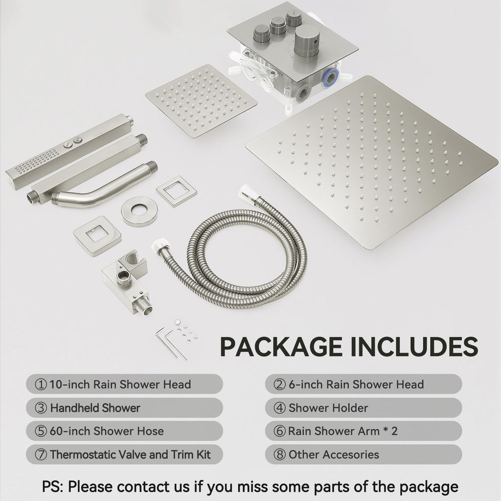 Shower Faucets Sets Brushed Nickel Shower System, 12" Ceiling Rainfall Shower and 6" Wall Mount with 2 in 1 Handhled