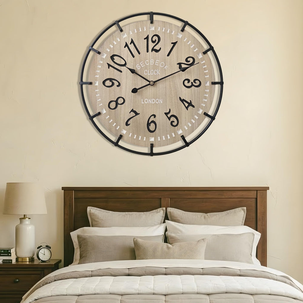 24 Inch Large Farmhouse Wall Clock, Metal Rustic Wood with Silent Quartz Movement, Easy Read Arabic Numerals, Battery