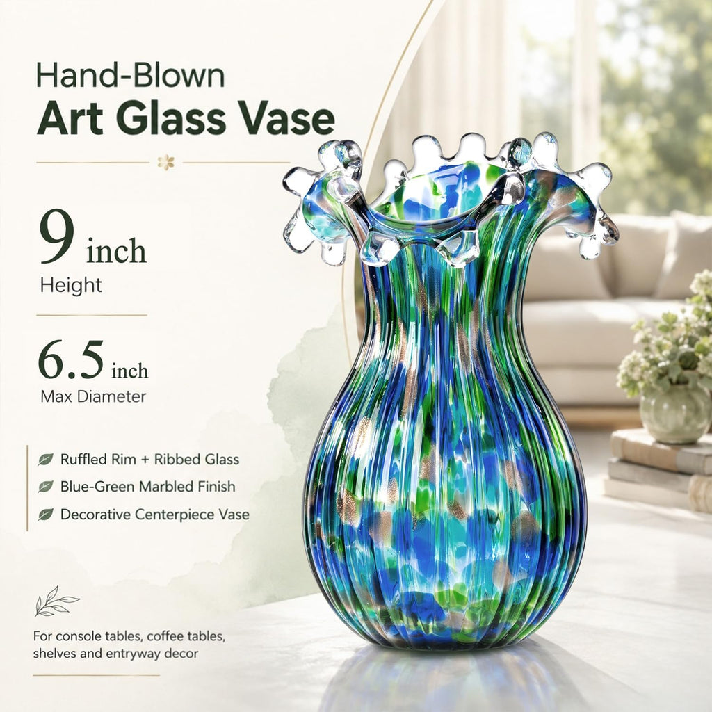 Hand Blown Glass Vase for Flowers, 9 Inch Blue Green Flower Vase