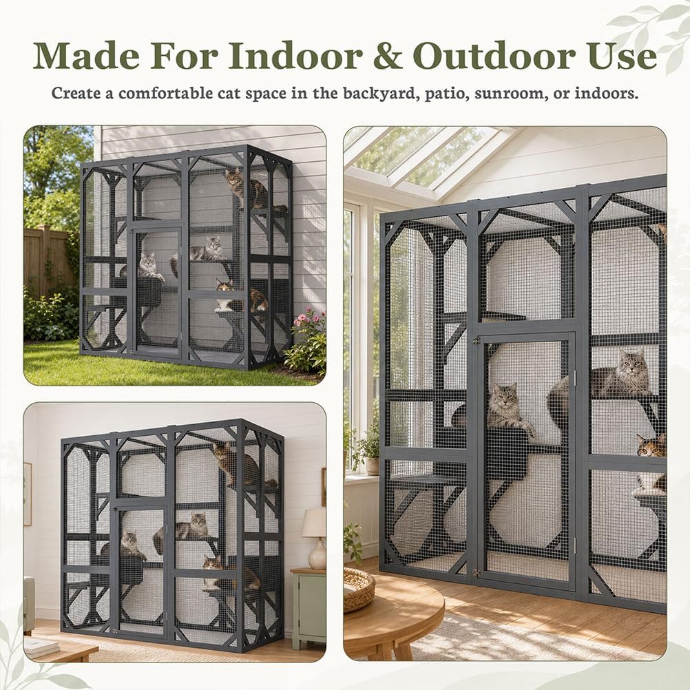 71 Inch Catio Outdoor Cat Enclosure, Wooden Walk-in Cat House with Waterproof Polycarbonate Roof, Wire Mesh Panels