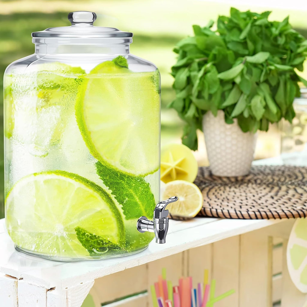 Gallon Glass Drink Dispenser for Parties Large with Stand and Spigot Leakproof Water Storage Lemonade Juice - Set of 2