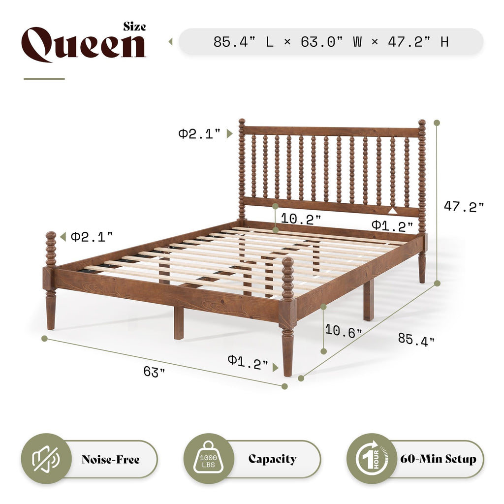Solid Wood Bed Frame, Spindle Headboard, Dark Walnut