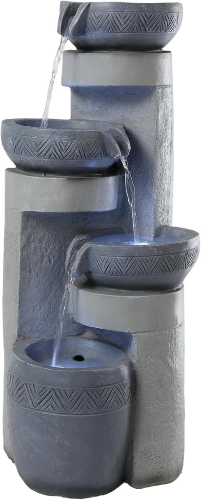 28" Outdoor Water Fountain with Led Lights, 4-Tiered Owl & Calla Lil Water Fountain, Outdoor Garden Waterfall Decor