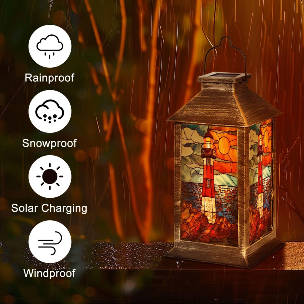 Solar Lantern Coastal Lighthouse Stained Glass Hanging Ornament Outdoor Garden Hanging Lantern Waterproof Solar