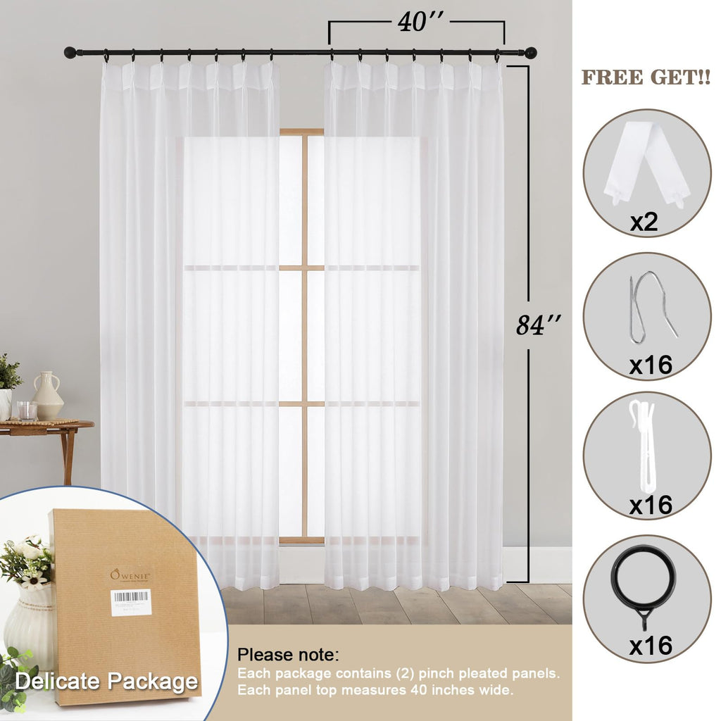 White Pinch Pleated Sheer Curtains 84 Inch 2 Panels