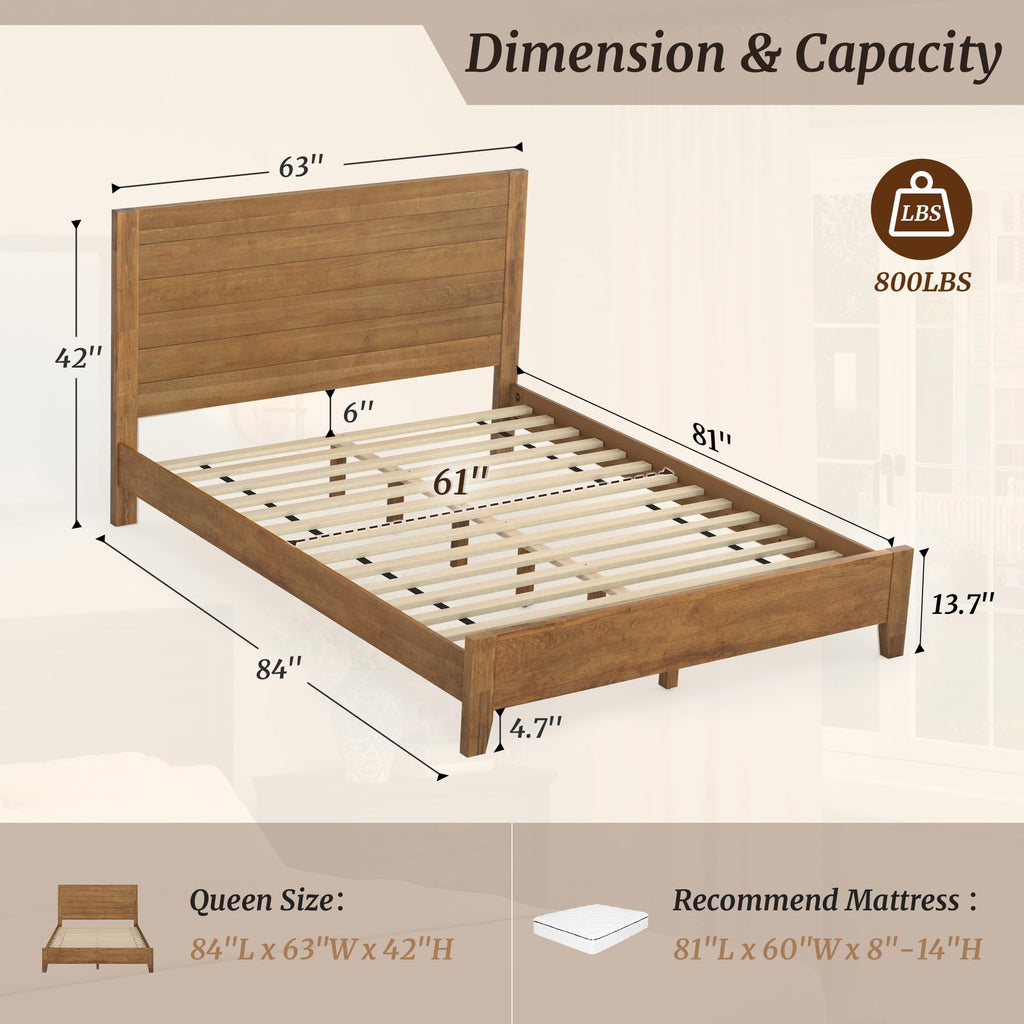 Queen Size Bed Frame, 100% Solid Acacia, Dark Wood