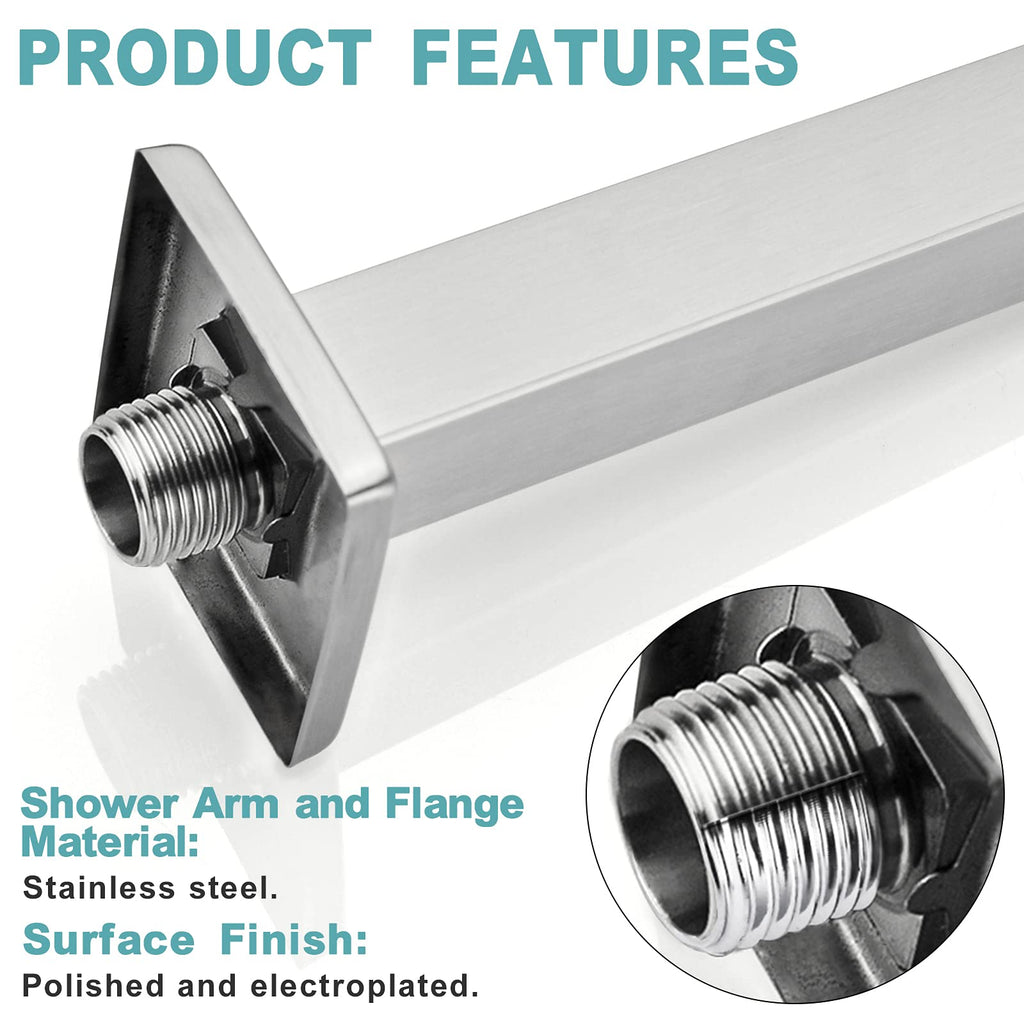 16 Inch Brushed Nickel Ceiling Mount Shower Arm and Flange, Square Rain Shower Arm