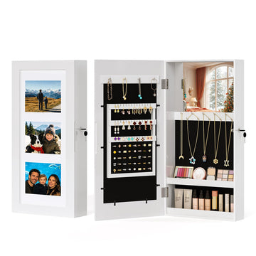 Jewelry Organizer with Photo Frame and Mirror, Wall-Mounted, White