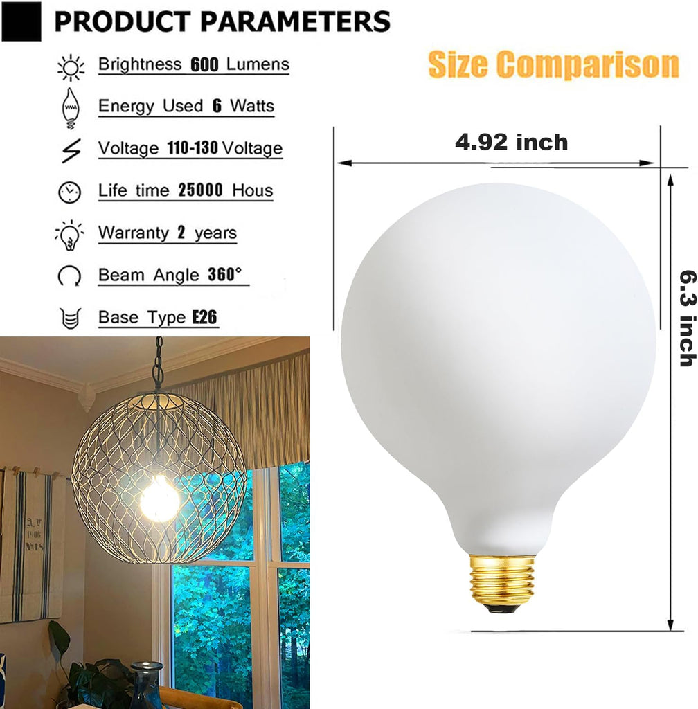Globe Light Bulbs 60 Watt Replacement for Decorative,Matt White,E26 Dimmable Warm White Large G40(G125) 6Watt(60Watt