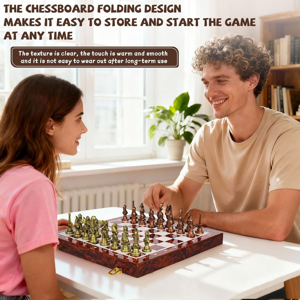 Large Egyptian Metal Chess Set for Adults - 15 Inch Foldable Wooden Chess Board with Weighted Antique Chess Pieces