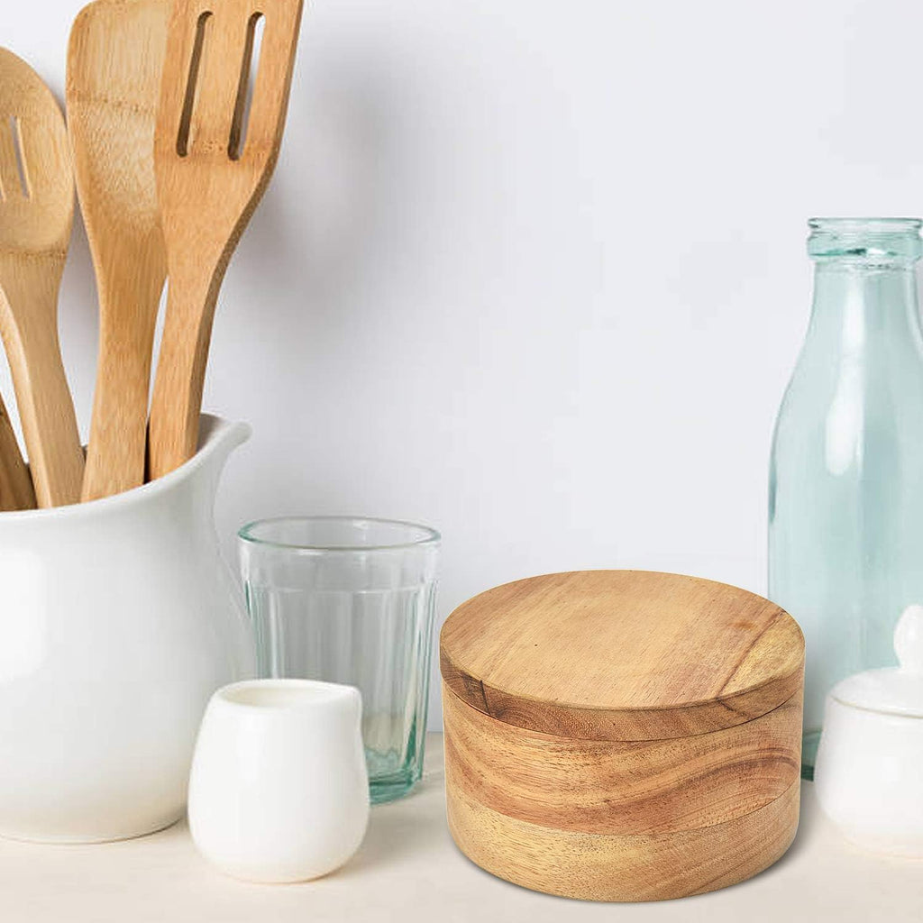Acacia Wood Salt and Pepper Cellar with Swivel Magnetic Lid Serving Spoon inside 2-Compartment for Storing