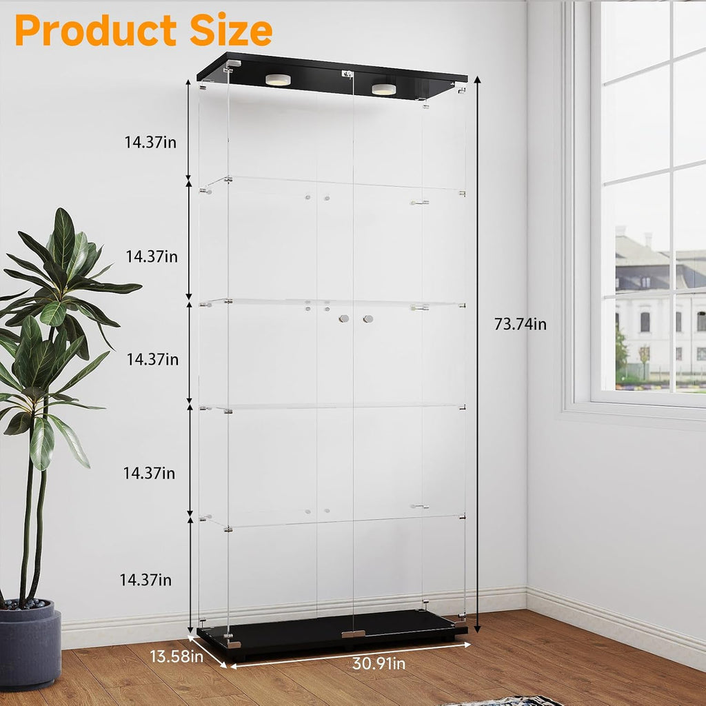 Glass Display Cabinet 5-Tier with LED Lights, Double Door, Black | Curio Cabinet with Glass Doors and Lock, Glass