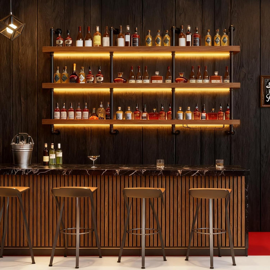 47.2in Wall Mounted Wine Rack with LED Light Solid Wood | 3-Tiers Liquor Bottles Floating Shelves Display Storage