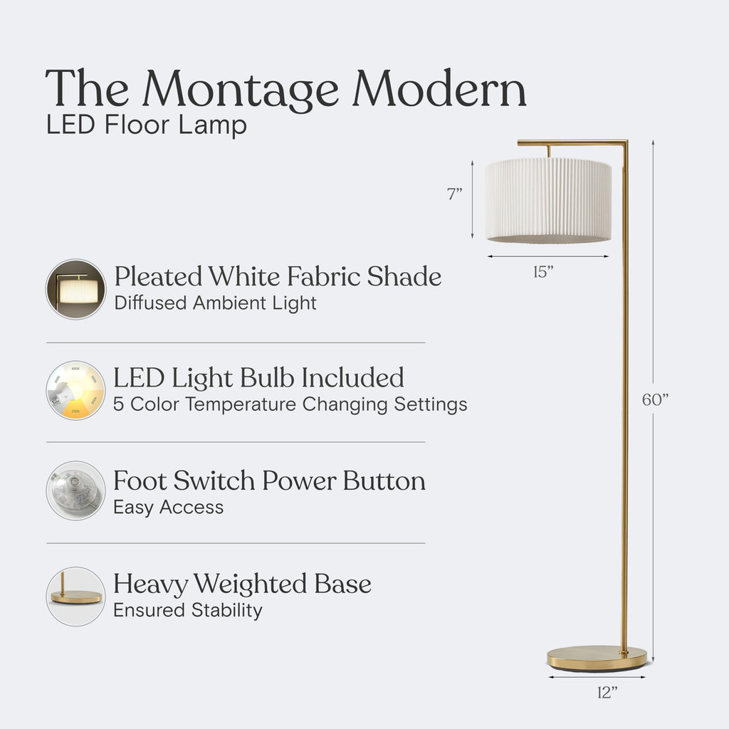 Montage Modern Floor Lamp - LED Standing Lamp with Tan Shade s & Offices - Bedroom Reading Light - Tall Corner Pole