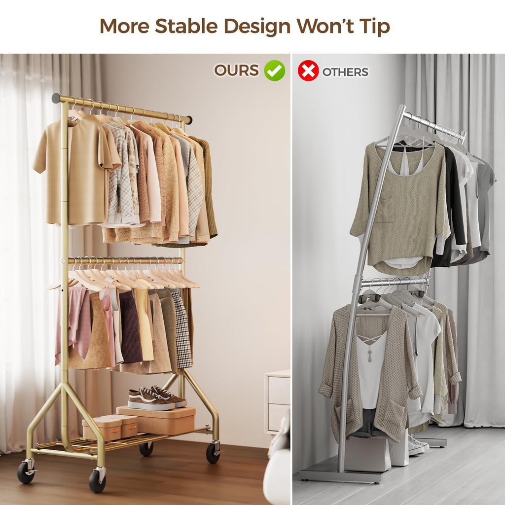 Heavy Duty Clothes Rack, Double Rod Clothing Rack for Hanging Clothes, Rolling Garment Rack, Adjustable Freestanding