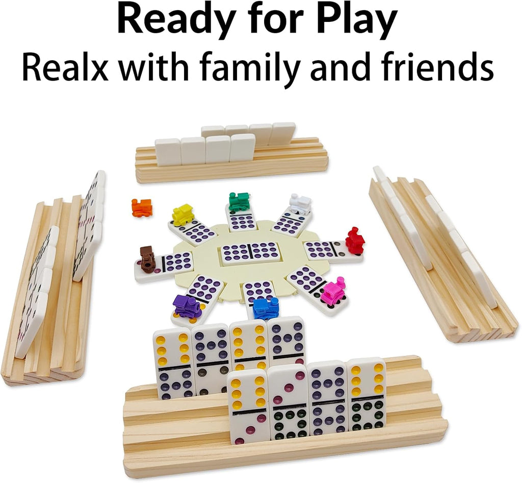 Double 9 Dominoes Set with 4 Wooden Trays/Racks, Double Nine Dominos Travel Set with 4 Domino Tiles Holders, 55 Tiles