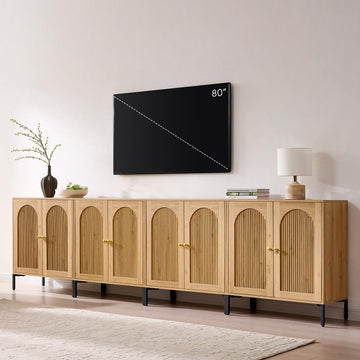 123.5" W Mid Century Modern TV Stands, Natural Oak