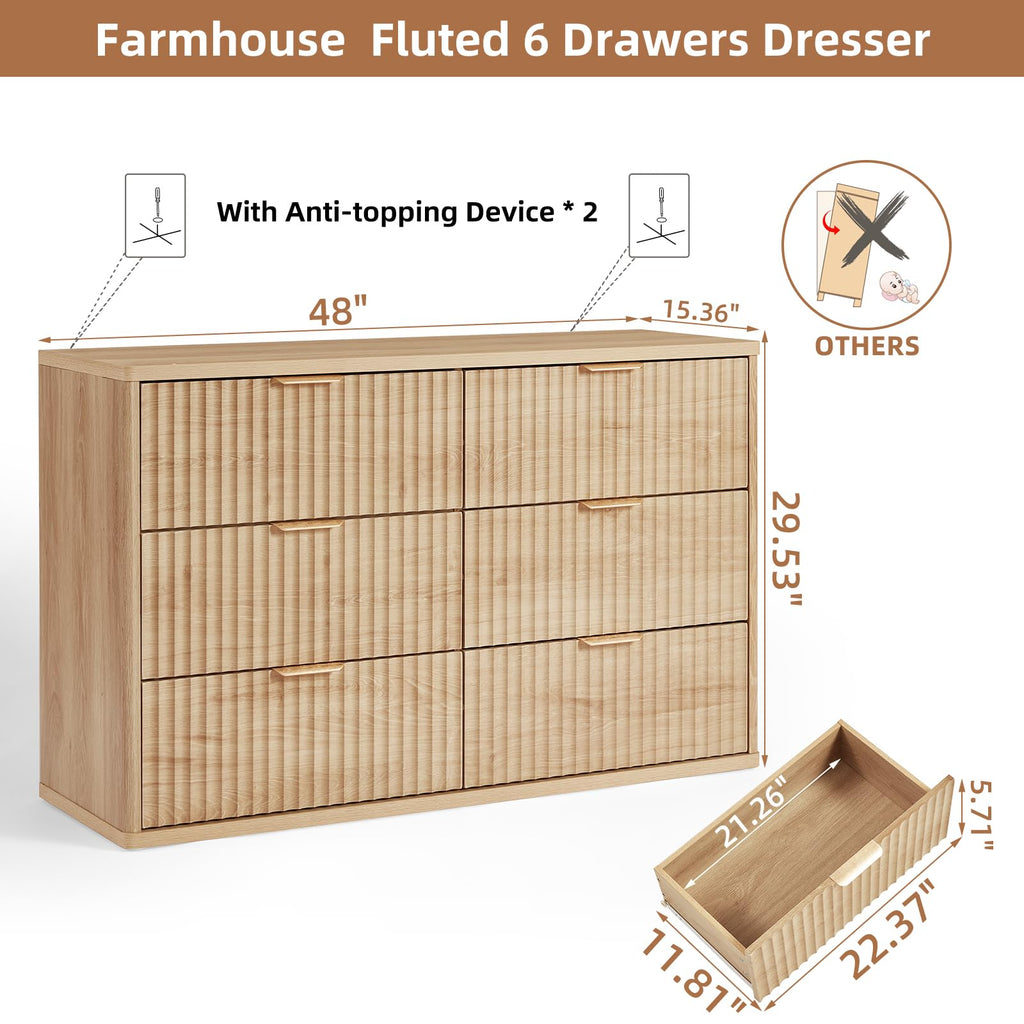 Fluted 6 Drawers Dresser Set of 2, 48" Wide Modern Chest of Drawers with Metal Handle, Natural Curved Profile