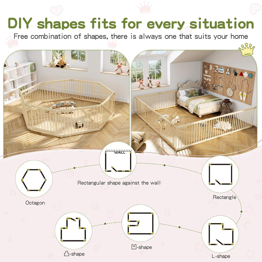 64x64in Foldable Wooden Baby Playpen with Gate, Child Safety Lock, CPC Certified Indoor Play Yard with Suction Cups