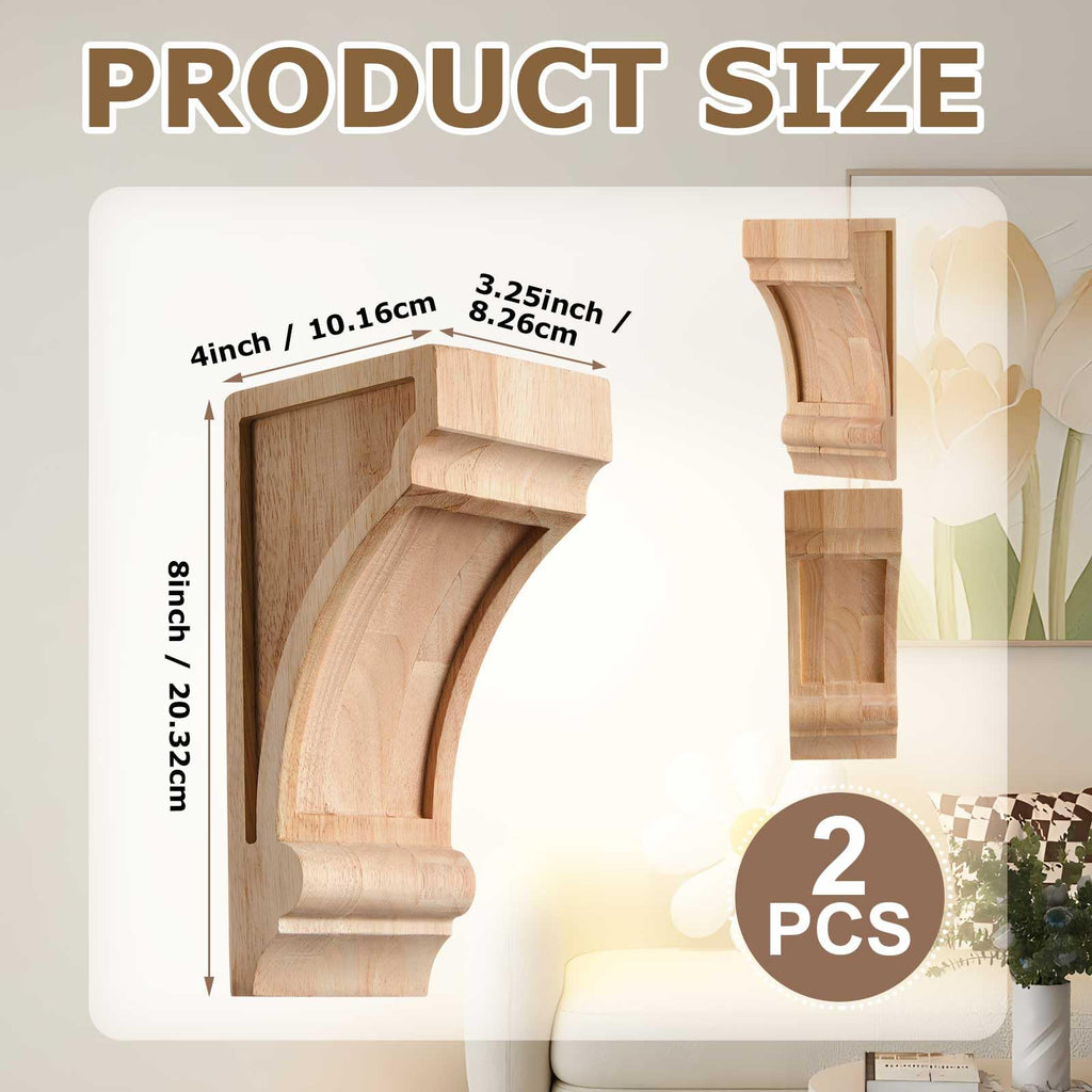 2 Pack Solid Wood Corbels, 3 1/4" w X 4" d X 8" h, Built-in