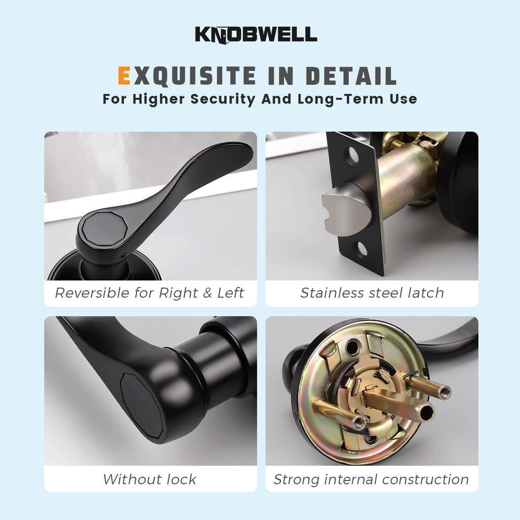 10 Pack Matte Black Finish Keyless Interior Door Handle, Classic Passage Door Lever Closet, Non-Locking Wave Style
