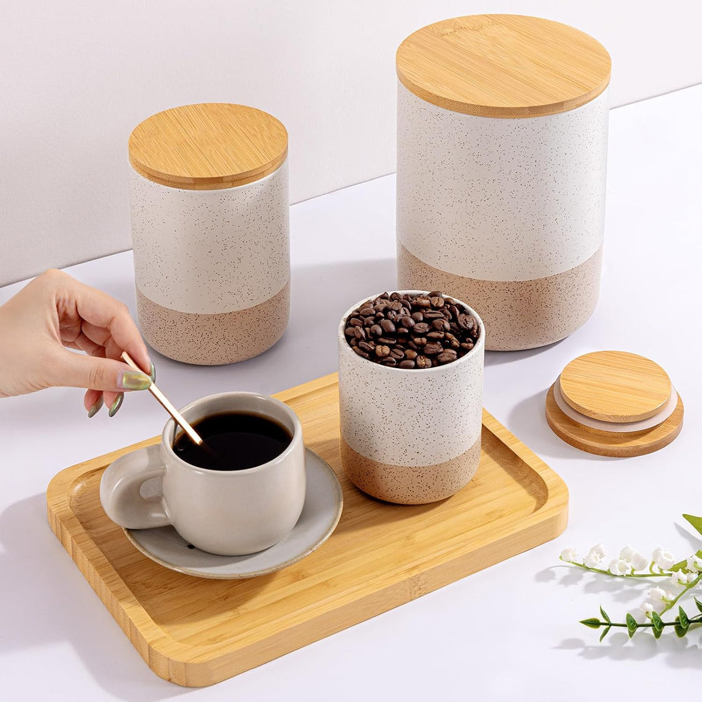 Canisters Sets Countertop Ceramic Kitchen Canisters Food Storage Jar with Airtight Wood Lids & Spoons & - Set of 4